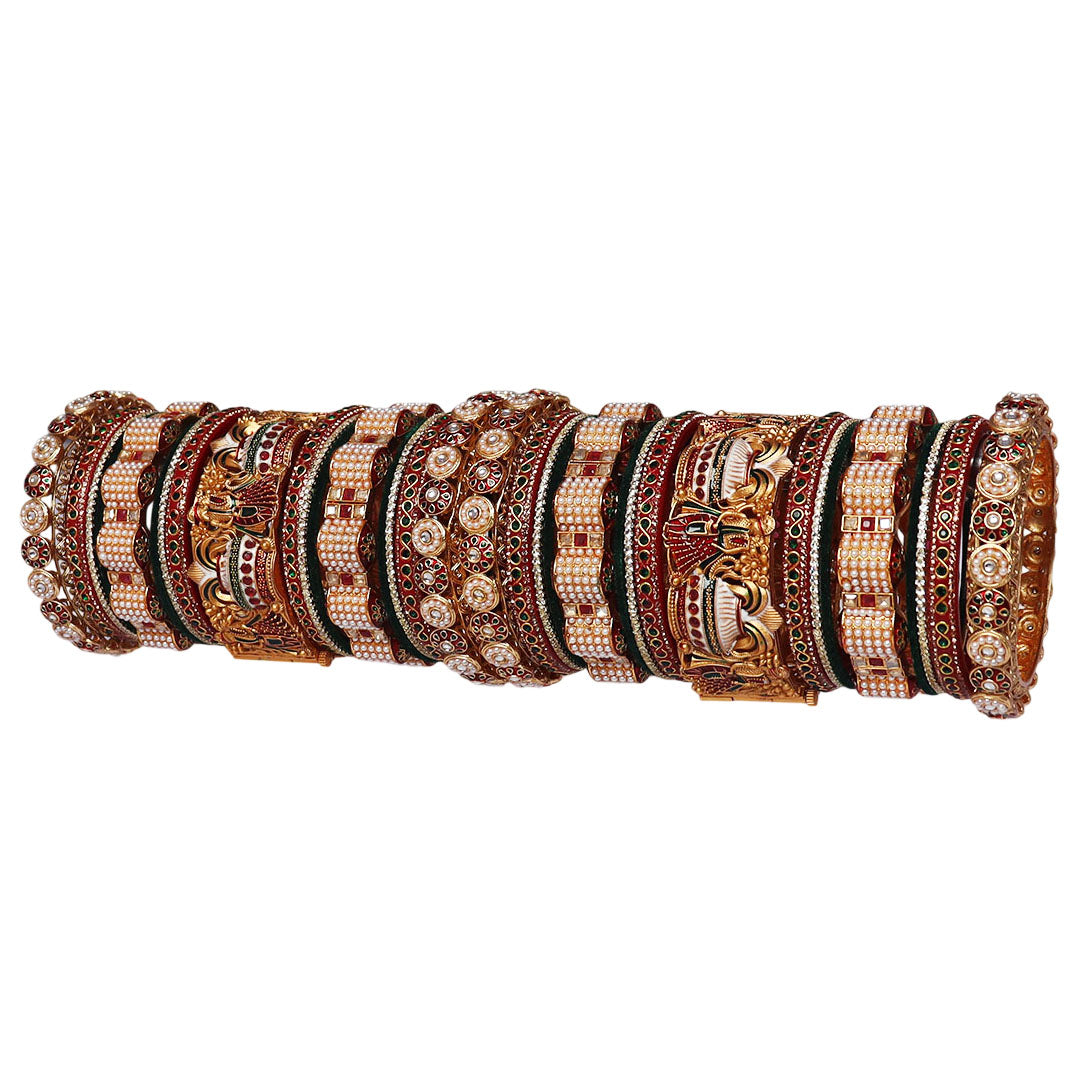 Rajasthani bridal bangles featuring Dulha-Dulhan design, Kundan and pearl work
