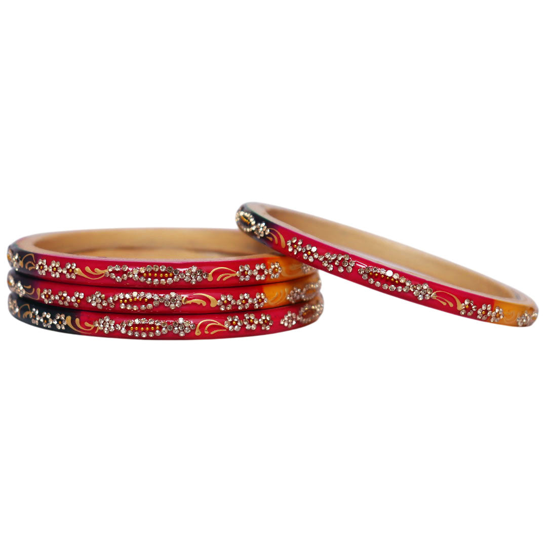Premium Handmade Jaipur Rajasthani Pure Lac Bangles with Golden Leaf Artwork and White Rhinestone Detailing for Bridal & Festive Wear