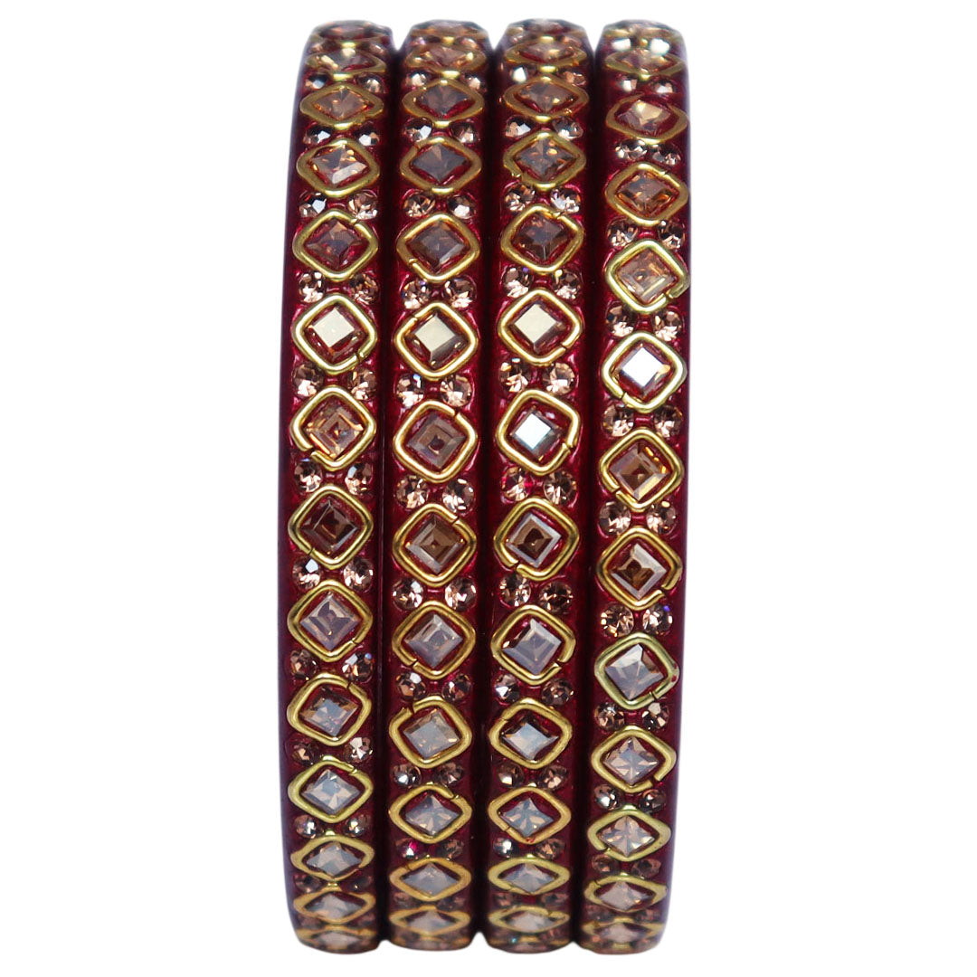 Premium lac bangles for women with square Kundan and rhinestone design, handmade traditional Rajasthani wedding and festive bangles set of 4 by TAJ BRIDAL STORE