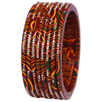 Handmade Leheriya Pure Lac Bangles Set for Women with Rhinestone Work – Glossy Multicolor Set of 8