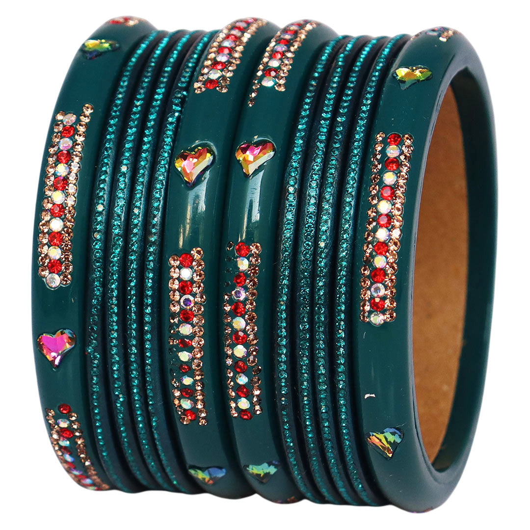 Jaipuri Lac Short Bangles with Heart Shape Kundan & Rhinestones