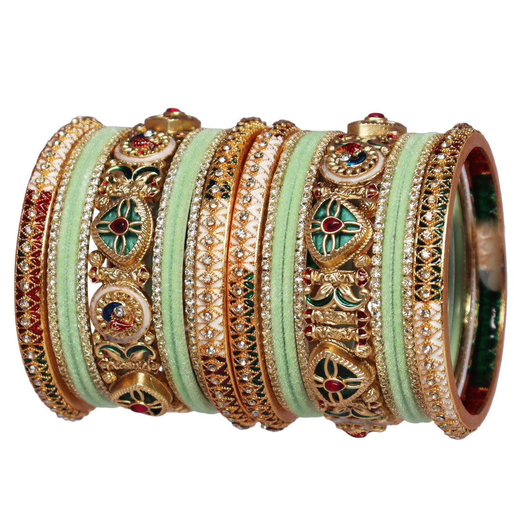 Designer Short Bridal Bangles Set for Women in Sea Green & Golden | Handmade Rajwadi Kundan Velvet Wedding Bangles with Meenakari Stone Work