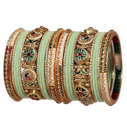 Designer Short Bridal Bangles Set for Women in Sea Green & Golden | Handmade Rajwadi Kundan Velvet Wedding Bangles with Meenakari Stone Work