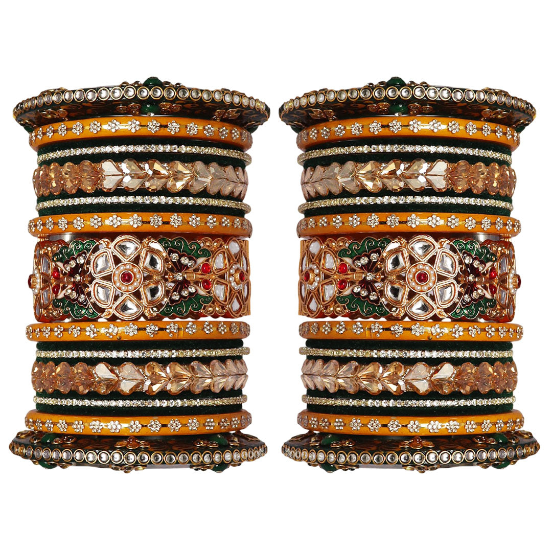 Handmade Rajwadi Kundan Bridal Chura Set with Flower Design Kada and sparkling rhinestone work for brides.