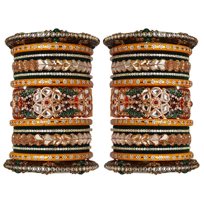 Handmade Rajwadi Kundan Bridal Chura Set with Flower Design Kada and sparkling rhinestone work for brides.