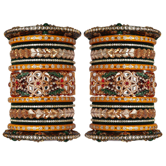 Handmade Rajwadi Kundan Bridal Chura Set with Flower Design Kada and sparkling rhinestone work for brides.