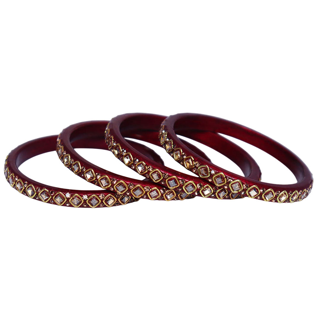 Premium lac bangles for women with square Kundan and rhinestone design, handmade traditional Rajasthani wedding and festive bangles set of 4 by TAJ BRIDAL STORE