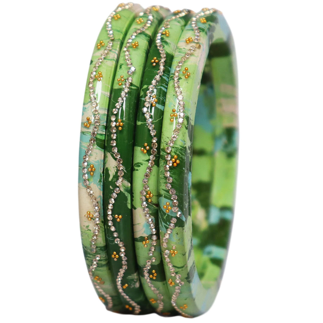 Designer Rajasthani Pure Lac Bangles for Women with Handmade Rhinestone Wave Pattern Glossy Ethnic Bangles Set of 4 by TAJ BRIDAL STORE