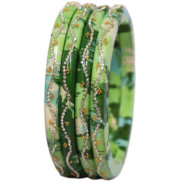 Designer Rajasthani Pure Lac Bangles for Women | Handmade Ethnic Rhinestone Wave Pattern Glossy Bangles Set of 4 | TAJ BRIDAL STORE