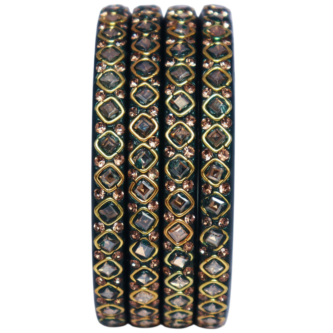 Handmade lac bangles for women featuring square Kundan stones and rhinestone embellishments, traditional Rajasthani festive and wedding bangles set of 4