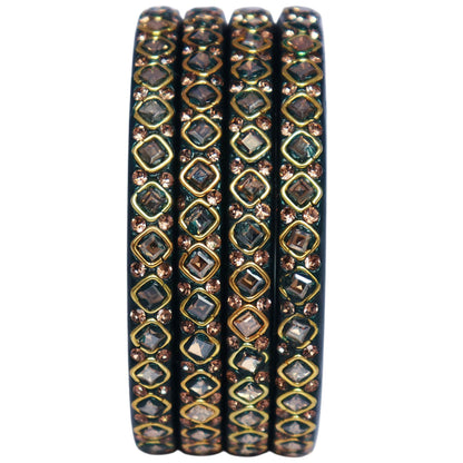Handmade lac bangles for women featuring square Kundan stones and rhinestone embellishments, traditional Rajasthani festive and wedding bangles set of 4