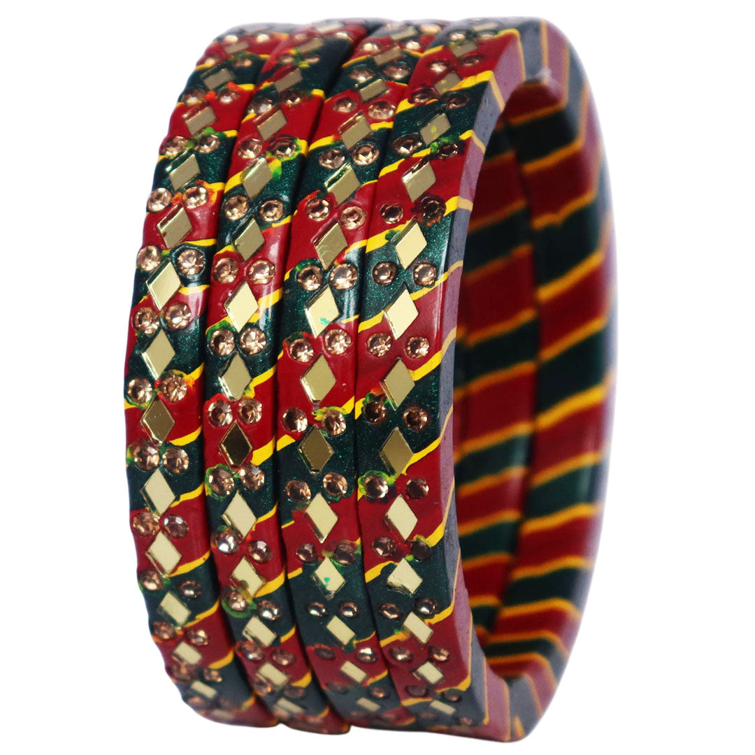 Traditional Rajasthani Leheriya Lac Bangles for Women | Handmade Mirror Work & Rhinestone Bangles by TAJ BRIDAL STORE