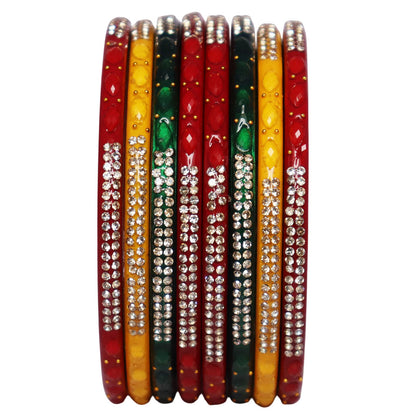 Colorful handmade pure lac bangles set of 8 for women featuring glossy red green yellow ethnic design with rhinestone work