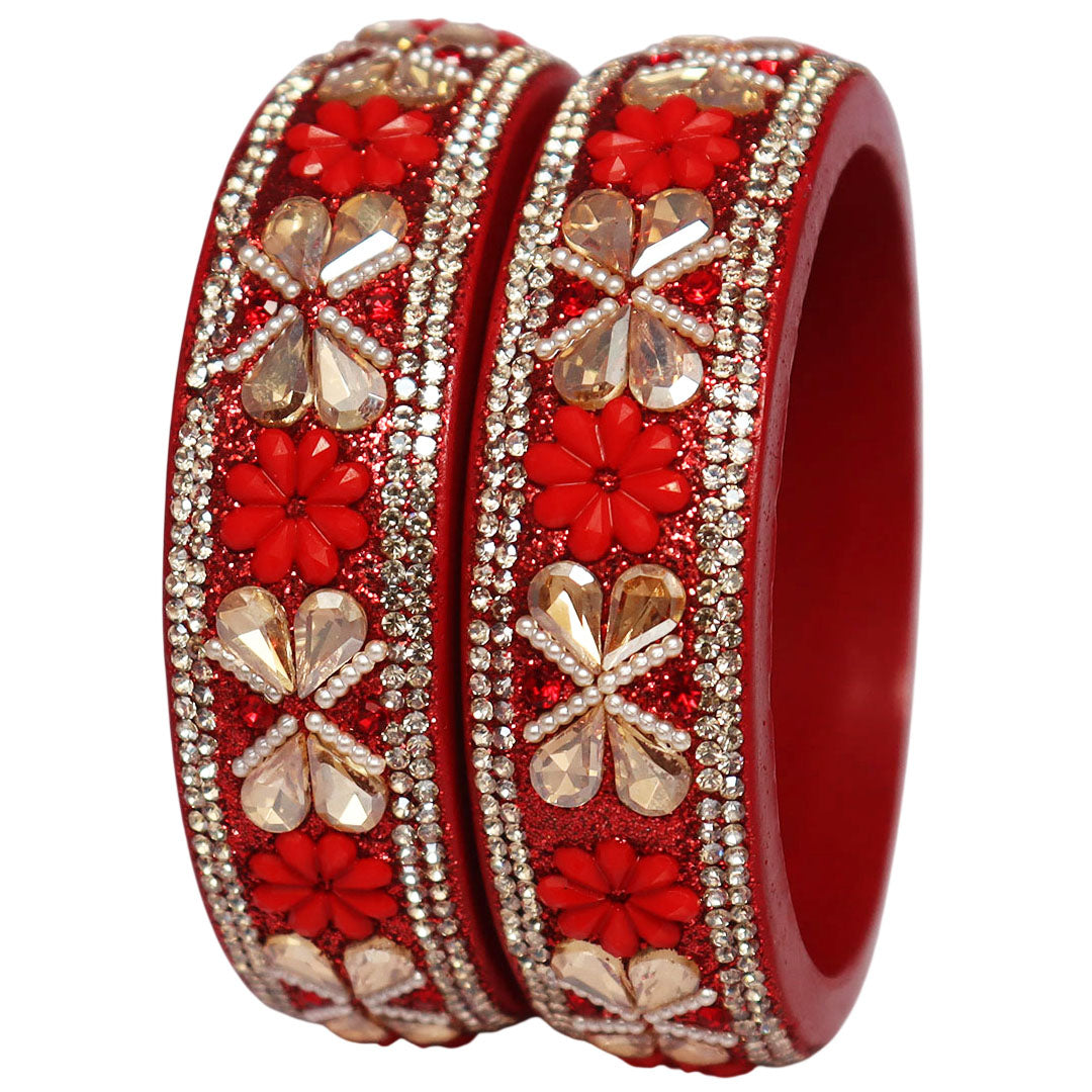 Designer Kundan Lac Bangles with Floral Rhinestones & Pearl Work by TAJ BRIDAL STORE