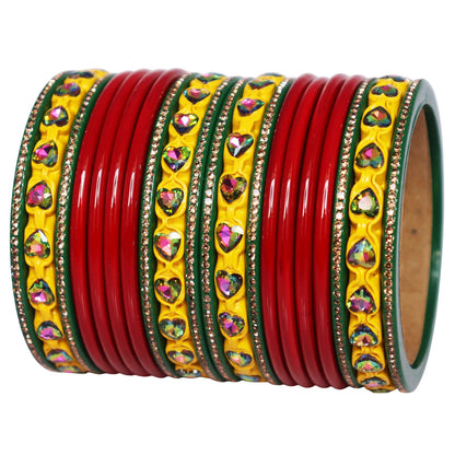 Traditional Rajasthani Lac Bangles Set for Women | Red, Green & Yellow Handmade Bridal Bangles with Multicolor Heart Stone Design By TAJ BRIDAL STORE