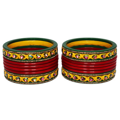 Traditional Rajasthani Lac Bangles Set for Women | Red, Green & Yellow Handmade Bridal Bangles with Multicolor Heart Stone Design By TAJ BRIDAL STORE