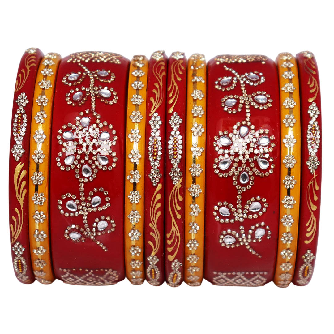 Handcrafted Jaipuri Lac Bangles Set for Women with Traditional Rajasthani Floral Rhinestone and Golden Leaf Artwork