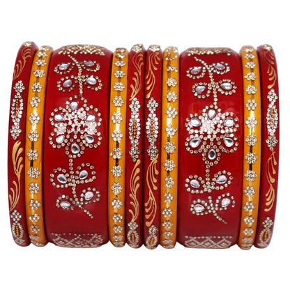 Handcrafted Jaipuri Lac Bangles Set for Women with Traditional Rajasthani Floral Rhinestone and Golden Leaf Artwork