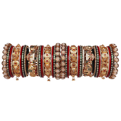 Premium Rajwadi Bridal Bangle Set with Gold Tone Doli & Elephant Motif Kadas by TAJ BRIDAL STORE