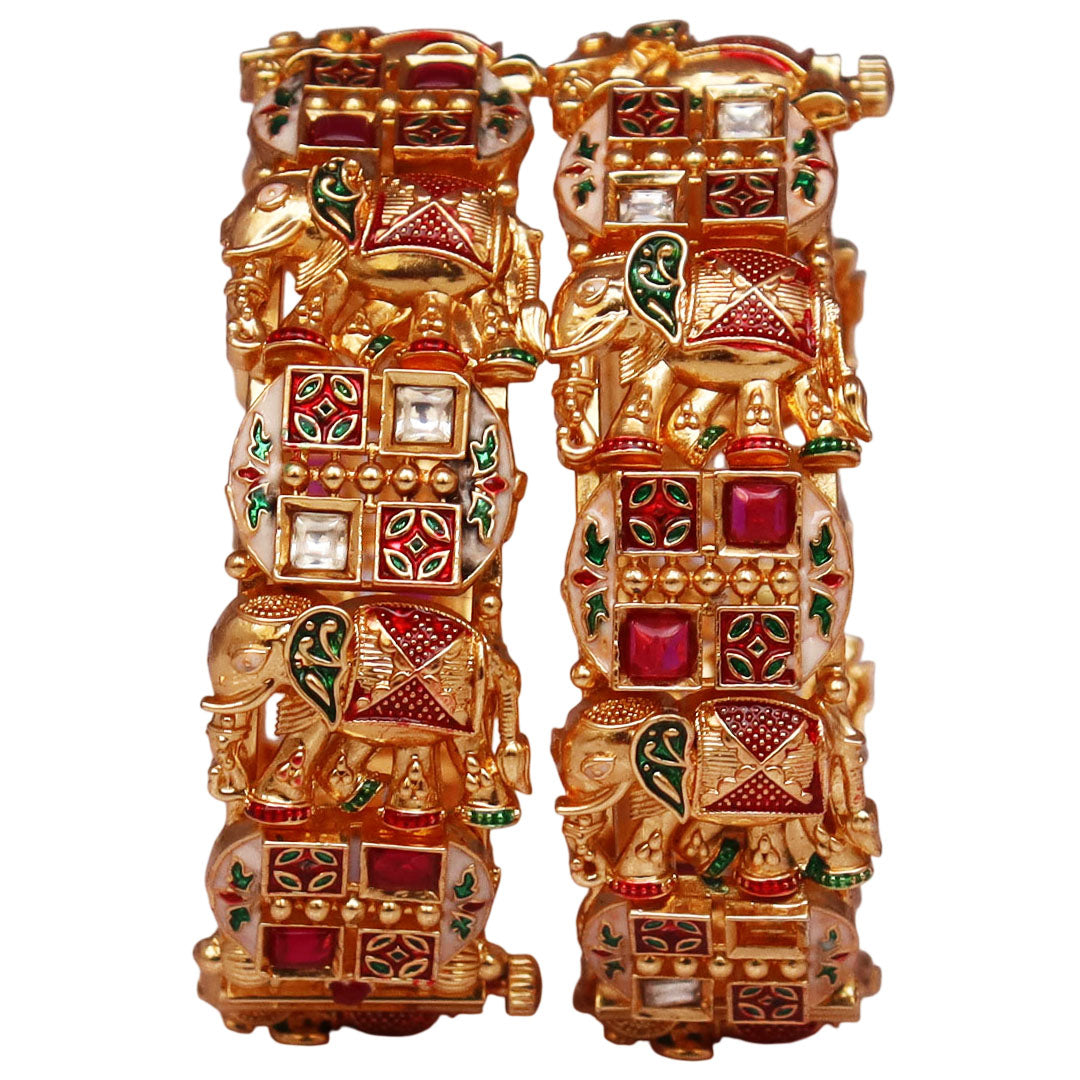 Gold Plated Stylish Metal Bracelet with Elephant & Kundan Design