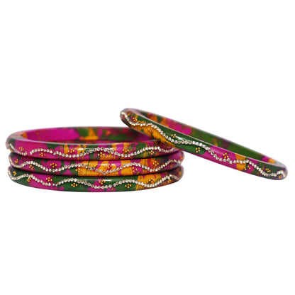 Handmade Rajasthani Pure Lac Bangles for Women Featuring Rhinestone Wave Pattern and Premium Glossy Finish Set of 4