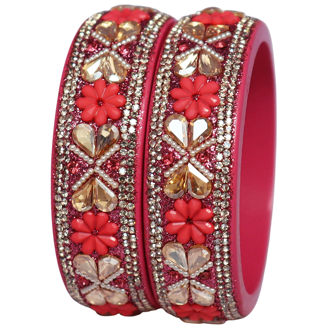 Designer Kundan Lac Bangles with Floral Rhinestones & Pearl Work by TAJ BRIDAL STORE