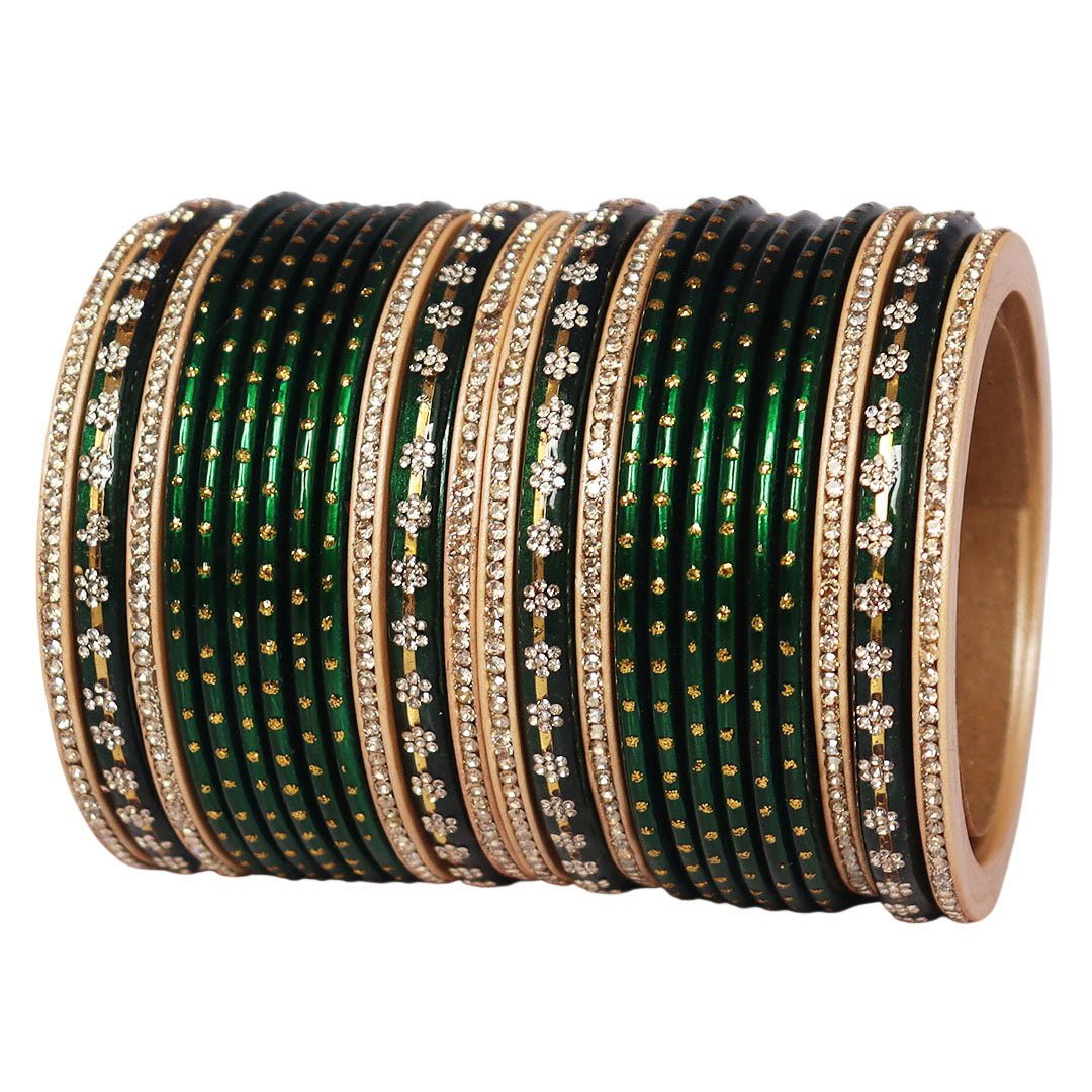 Handmade Green Lac Bangles Set for Women with Rhinestone Design | Traditional Sawan & Teej Bangles by TAJ BRIDAL STORE