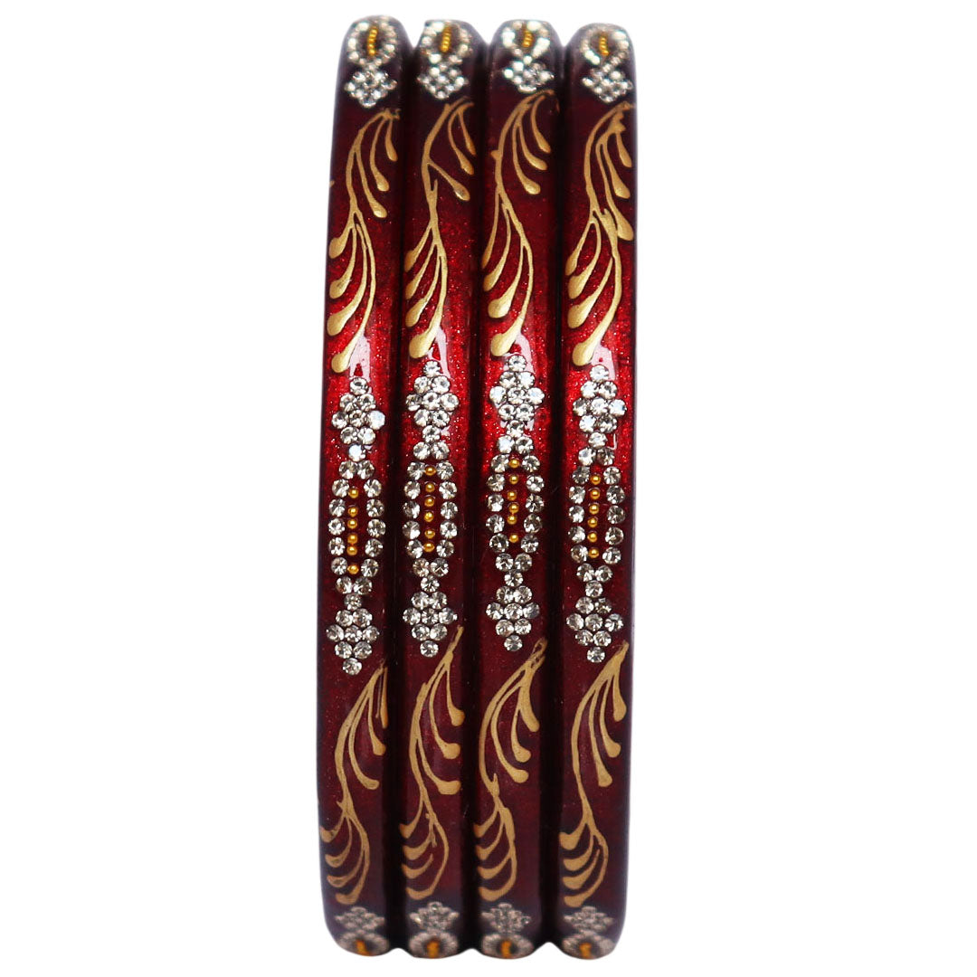 Handmade Pure Lac Bangles for Women with Handpainted Golden Leaf & Stone Work | Traditional Jaipur Rajasthani Bangles | Set of 4 | TAJ BRIDAL STORE