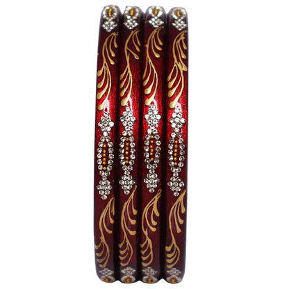 Handmade Pure Lac Bangles for Women with Handpainted Golden Leaf & Stone Work | Traditional Jaipur Rajasthani Bangles | Set of 4 | TAJ BRIDAL STORE