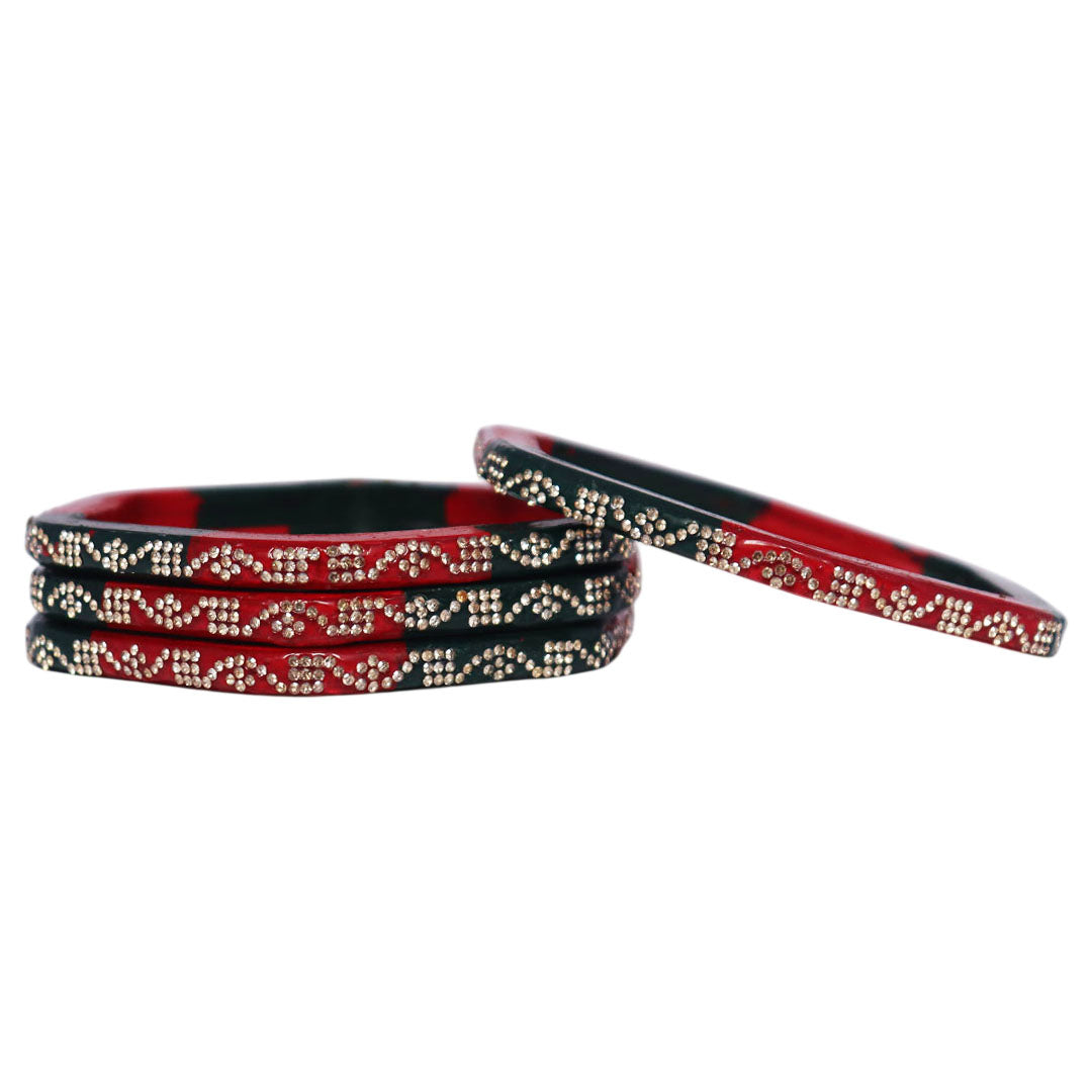 Traditional Red & Green Hexagon Lac Bangles with Stone Embellishment | Handmade Indian Bridal Bangles Set