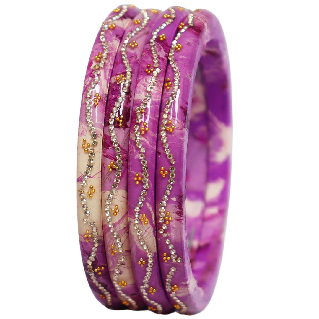 Handmade Rajasthani Pure Lac Bangles for Women Featuring Rhinestone Wave Pattern and Premium Glossy Finish Set of 4