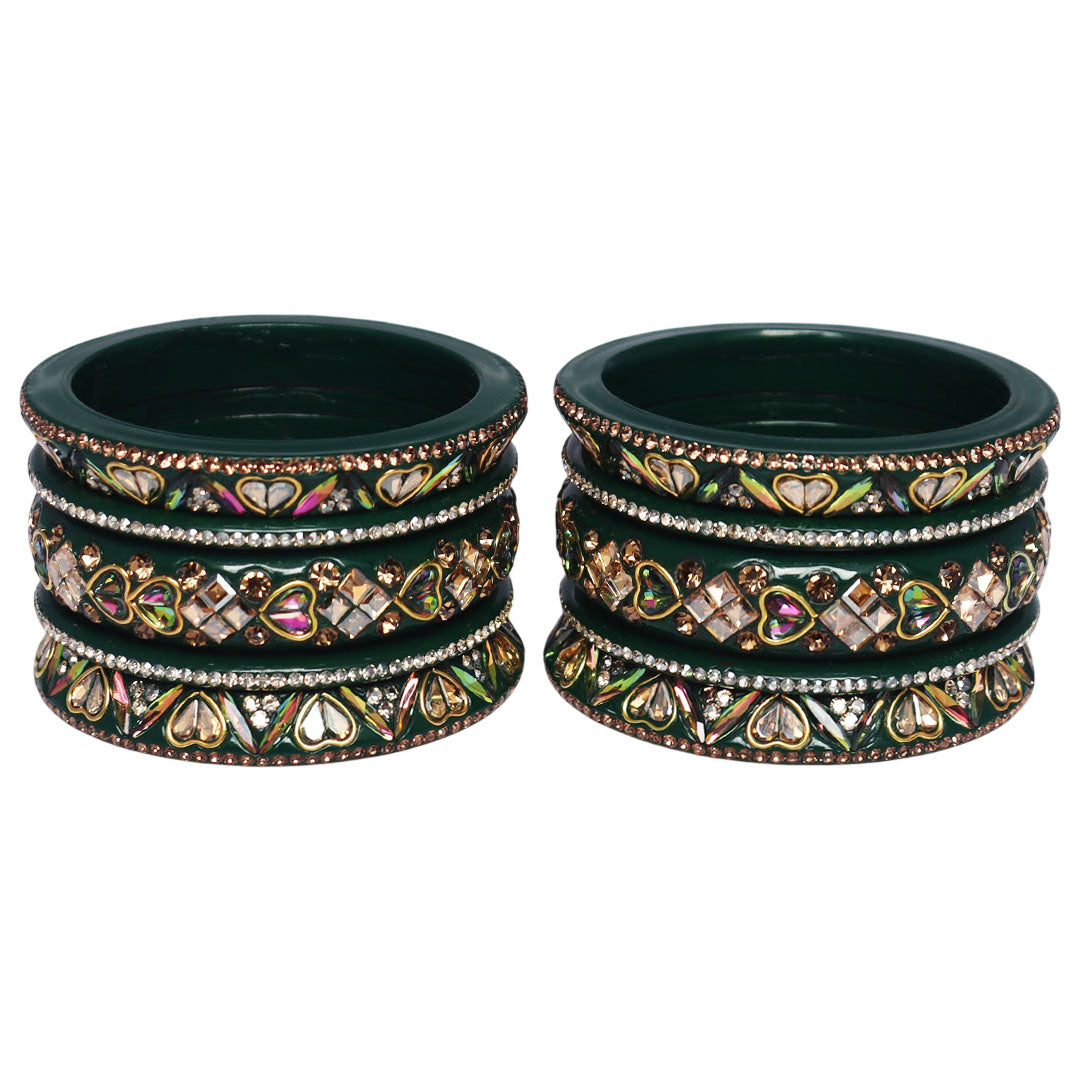Luxury Rajasthani Green Handmade Lac Bangles Set for women with antique finish, Kundan stones, and rhinestones, ideal for weddings and festivals