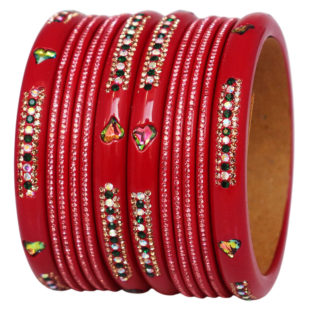 Jaipuri Lac Short Bangles with Heart Shape Kundan & Rhinestones