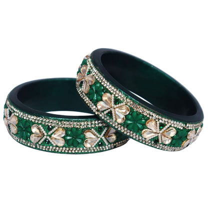 Designer Kundan Lac Bangles with Floral Rhinestones & Pearl Work by TAJ BRIDAL STORE