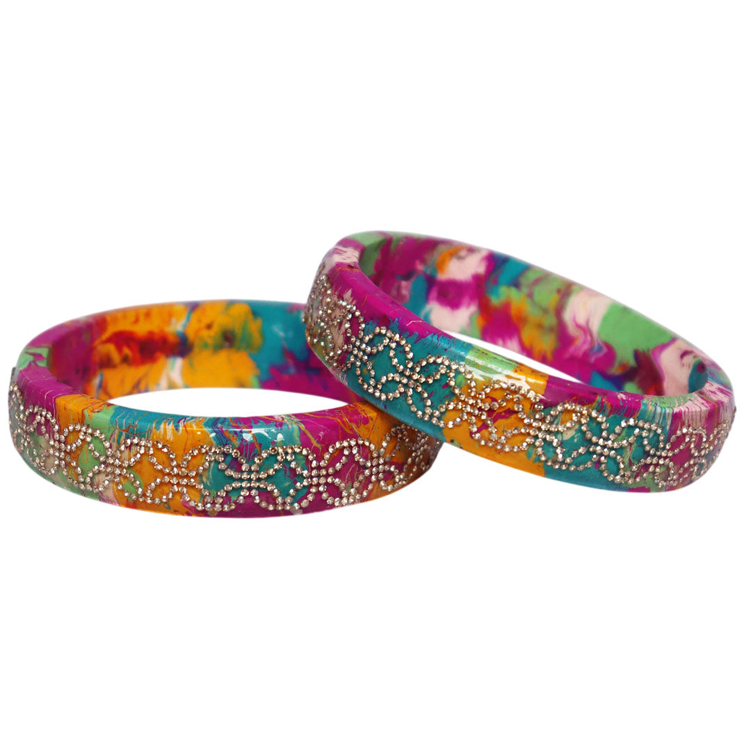 Premium Lac Bangles for Women | Multicolor Marble Finish Rhinestone Traditional Rajasthani Bangles By TAJ BRIDAL STORE