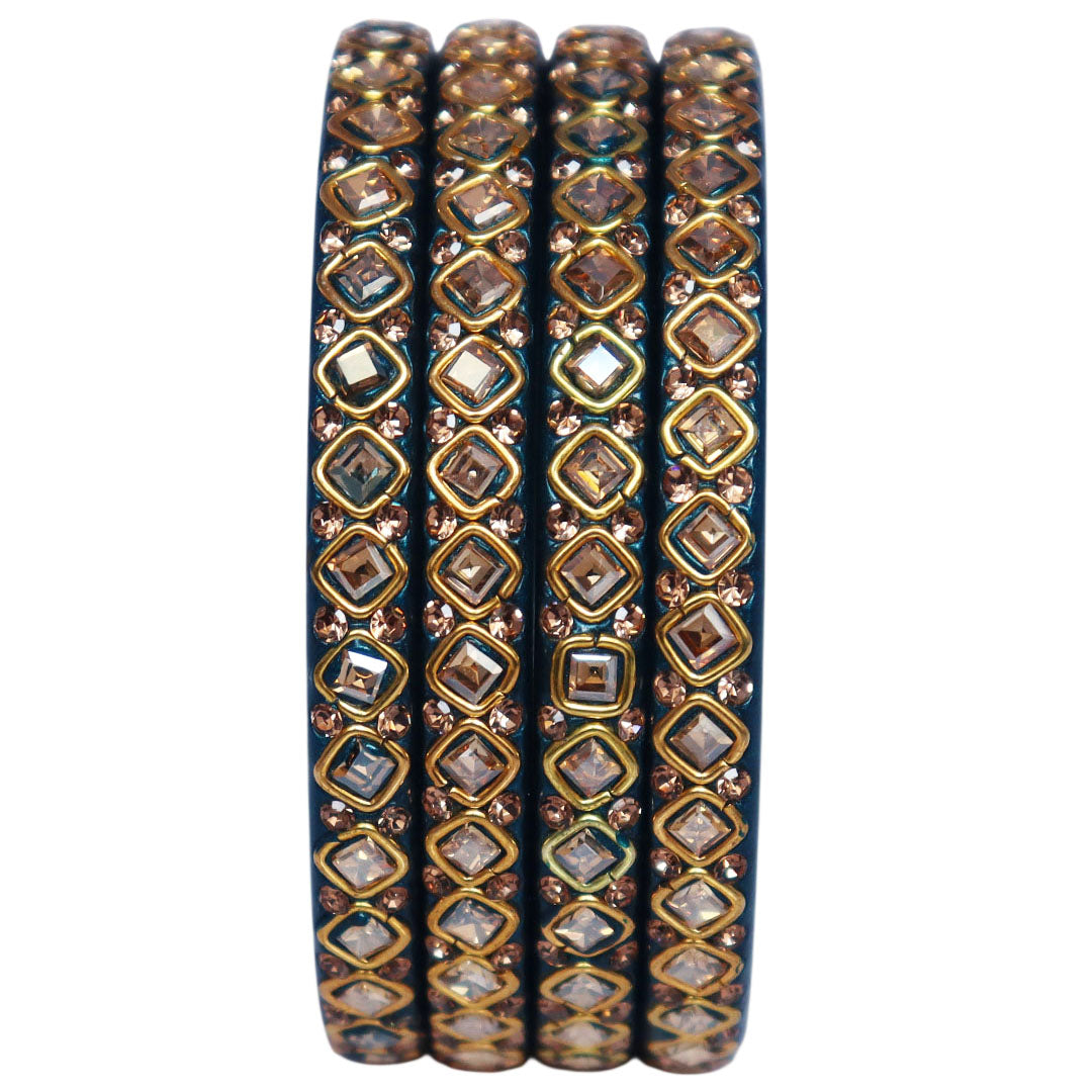 Premium lac bangles for women with square Kundan and rhinestone design, handmade traditional Rajasthani wedding and festive bangles set of 4 by TAJ BRIDAL STORE