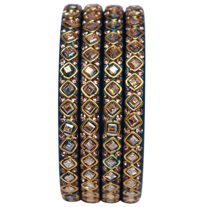 Premium lac bangles for women with square Kundan and rhinestone design, handmade traditional Rajasthani wedding and festive bangles set of 4 by TAJ BRIDAL STORE