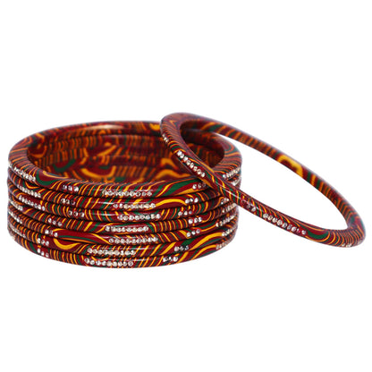 Handmade Leheriya Pure Lac Bangles Set for Women with Rhinestone Work – Glossy Multicolor Set of 8