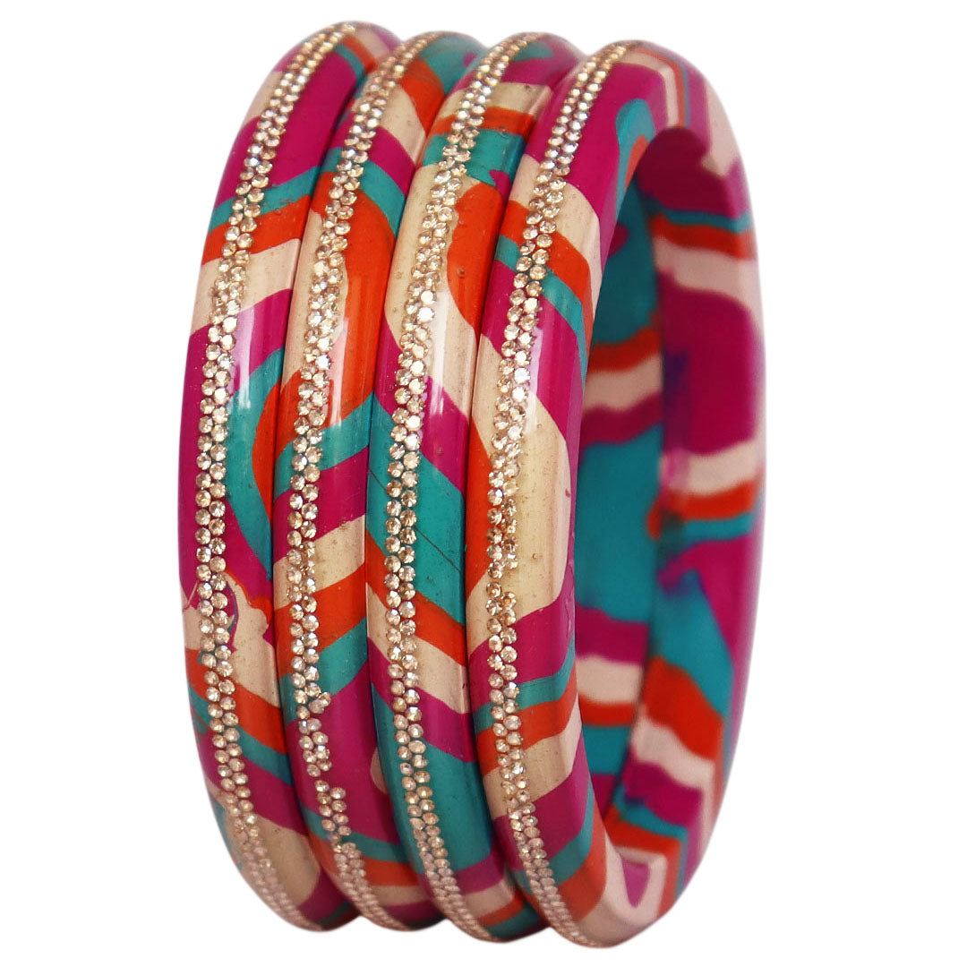 Lac Bangles Set Lahariya Design with Rhinestones Work