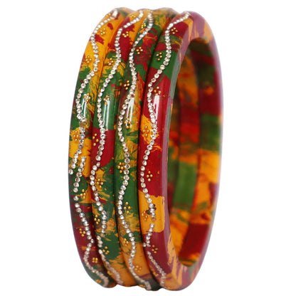Ethnic Handmade Pure Lac Bangles for Women with Rhinestone Wave Pattern Glossy Jaipur Rajasthani Bangles Set of 4