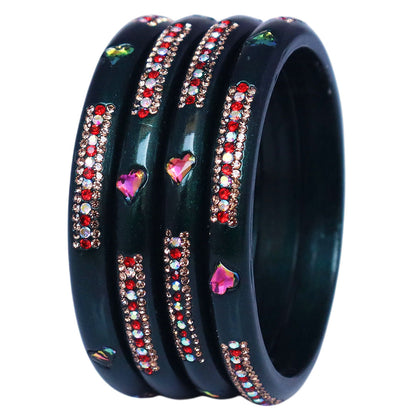 Rajasthani Lac Bangles with Heart Shape Kundan & Rhinestones