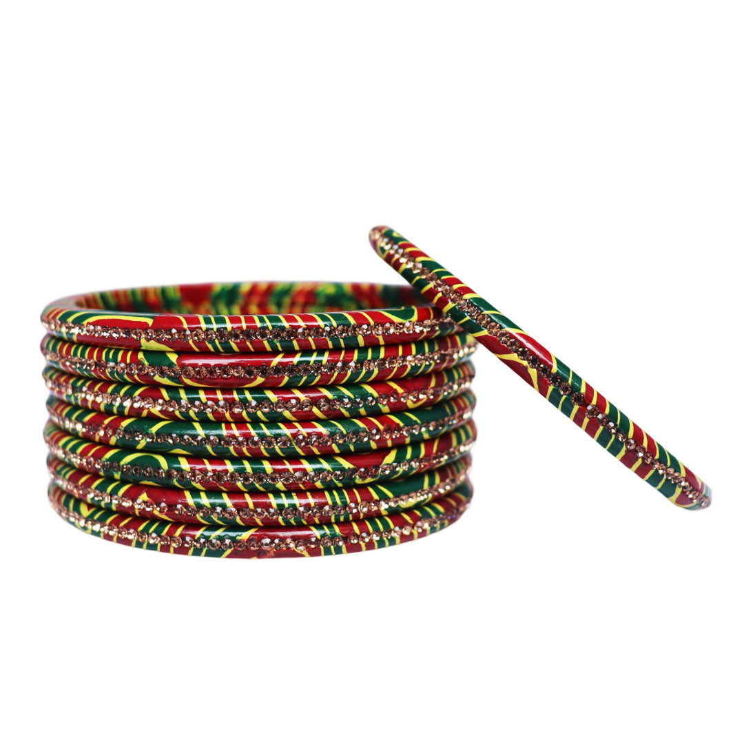 Vibrant Lehariya Bangle Set with Rhinestones (Set of 8)