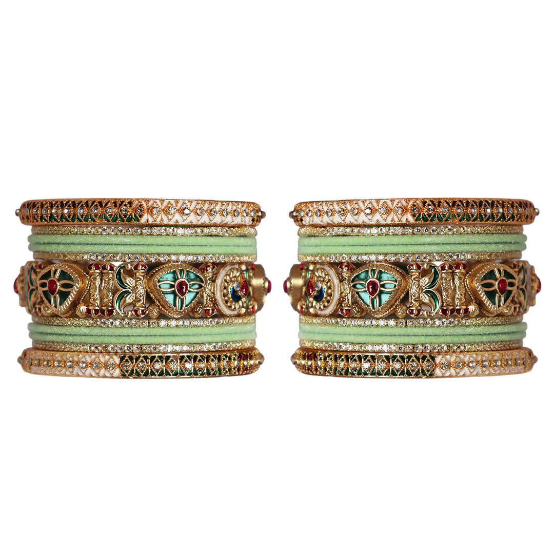 Designer Short Bridal Bangles Set for Women in Sea Green & Golden | Handmade Rajwadi Kundan Velvet Wedding Bangles with Meenakari Stone Work
