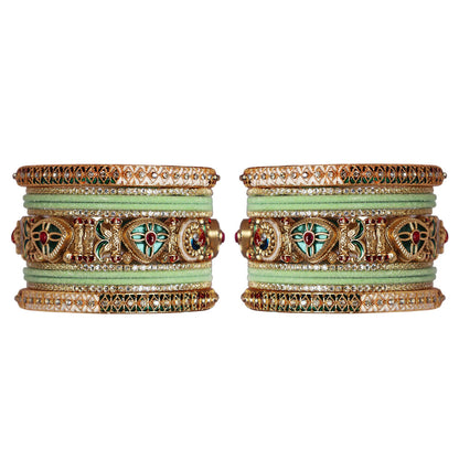 Designer Short Bridal Bangles Set for Women in Sea Green & Golden | Handmade Rajwadi Kundan Velvet Wedding Bangles with Meenakari Stone Work
