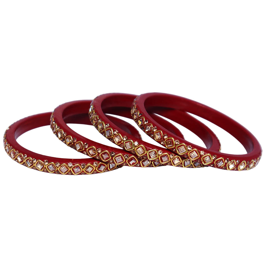 Traditional Rajasthani premium lac bangles with square Kundan and rhinestone design for women, handcrafted wedding jewellery set of 4