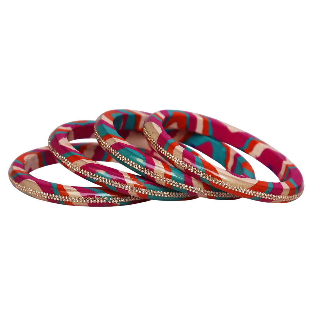 Lac Bangles Set Lahariya Design with Rhinestones Work