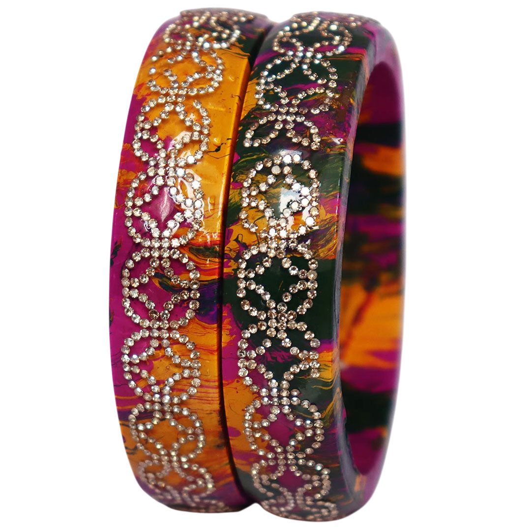 Premium Lac Bangles for Women | Multicolor Marble Finish Rhinestone Traditional Rajasthani Bangles By TAJ BRIDAL STORE