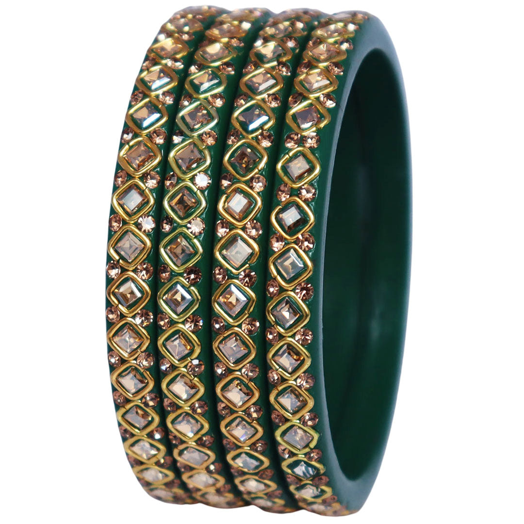 Handmade lac bangles for women featuring square Kundan stones and rhinestone embellishments, traditional Rajasthani festive and wedding bangles set of 4