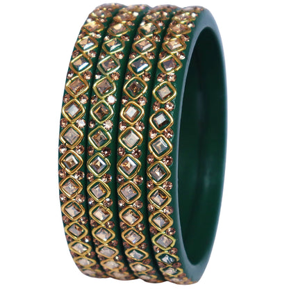 Handmade lac bangles for women featuring square Kundan stones and rhinestone embellishments, traditional Rajasthani festive and wedding bangles set of 4