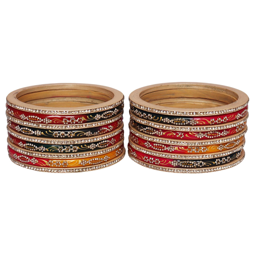 Rajasthani short lac bangles set with handpainted golden leaf pattern and sparkling stone work, traditional Jaipur bangles for bridal and festive wear.